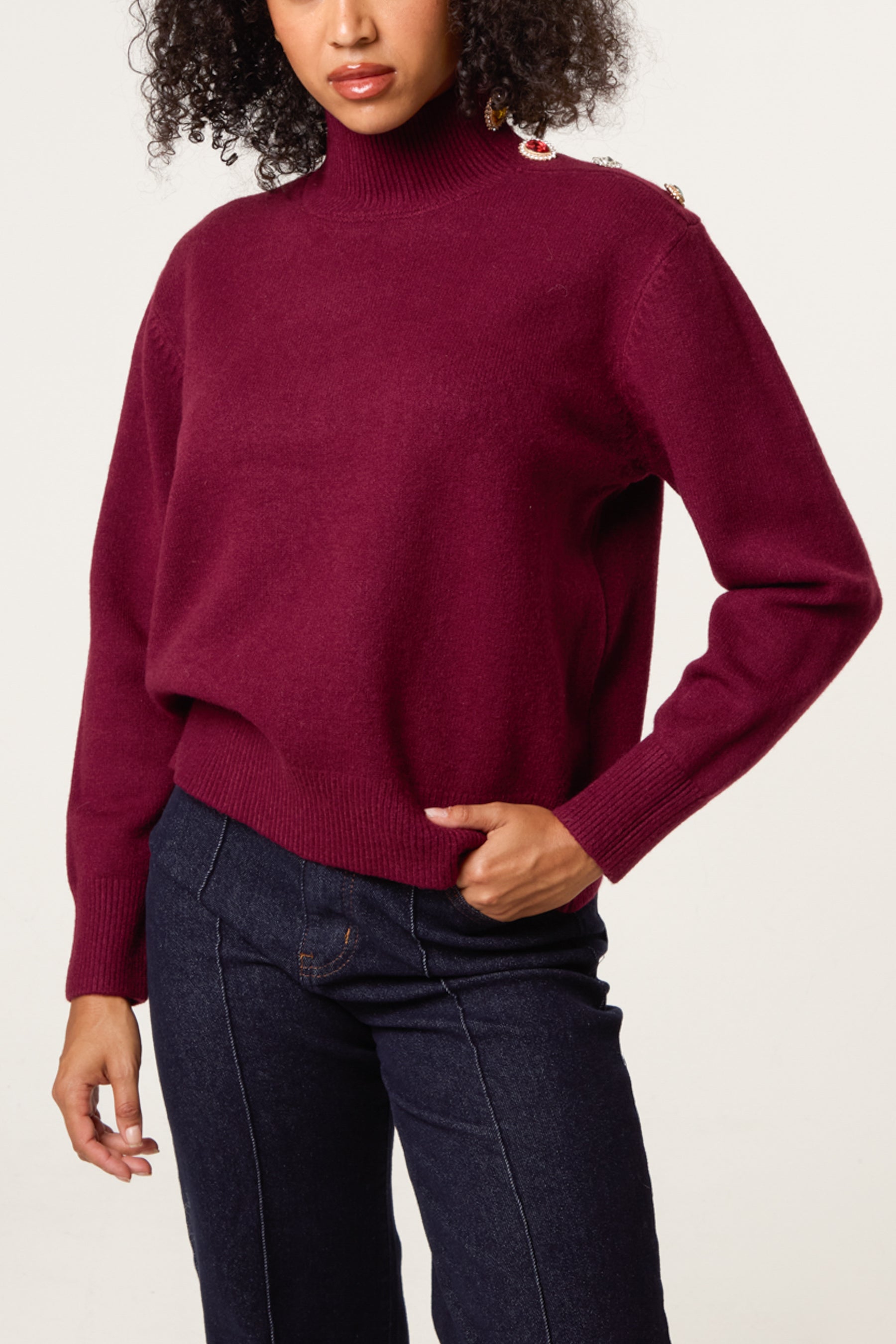 Jewelled Shoulder High Neck Jumper