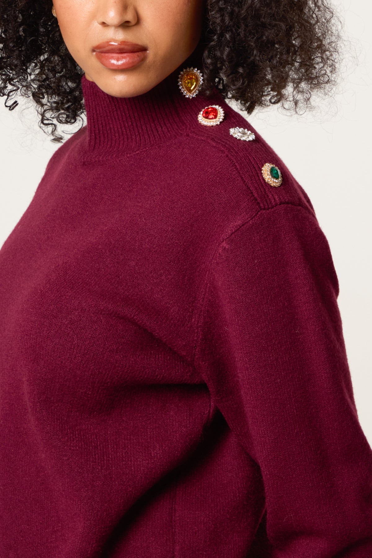 Jewelled Shoulder High Neck Jumper