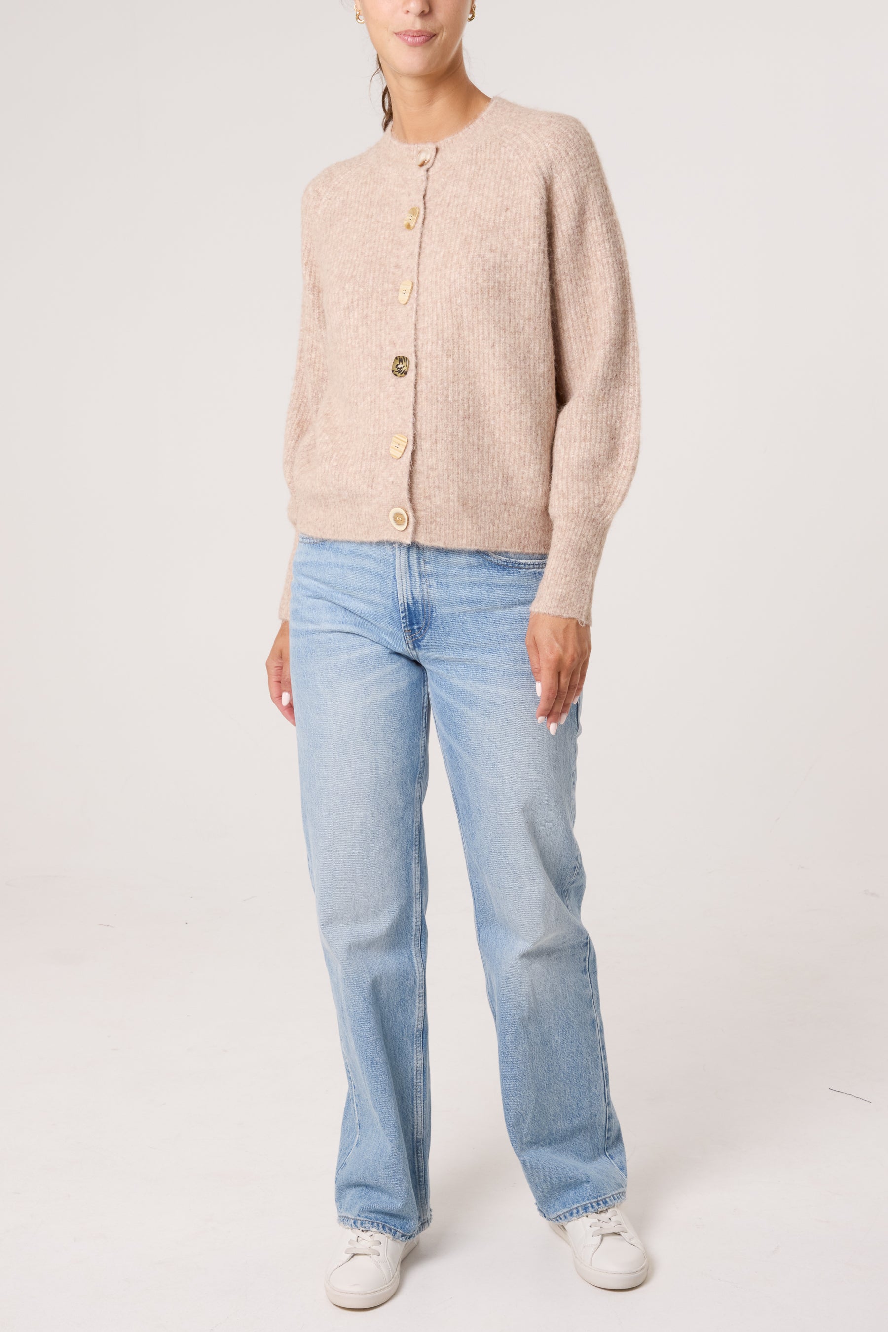 Print Buttons Round Neck Knit Cardigan