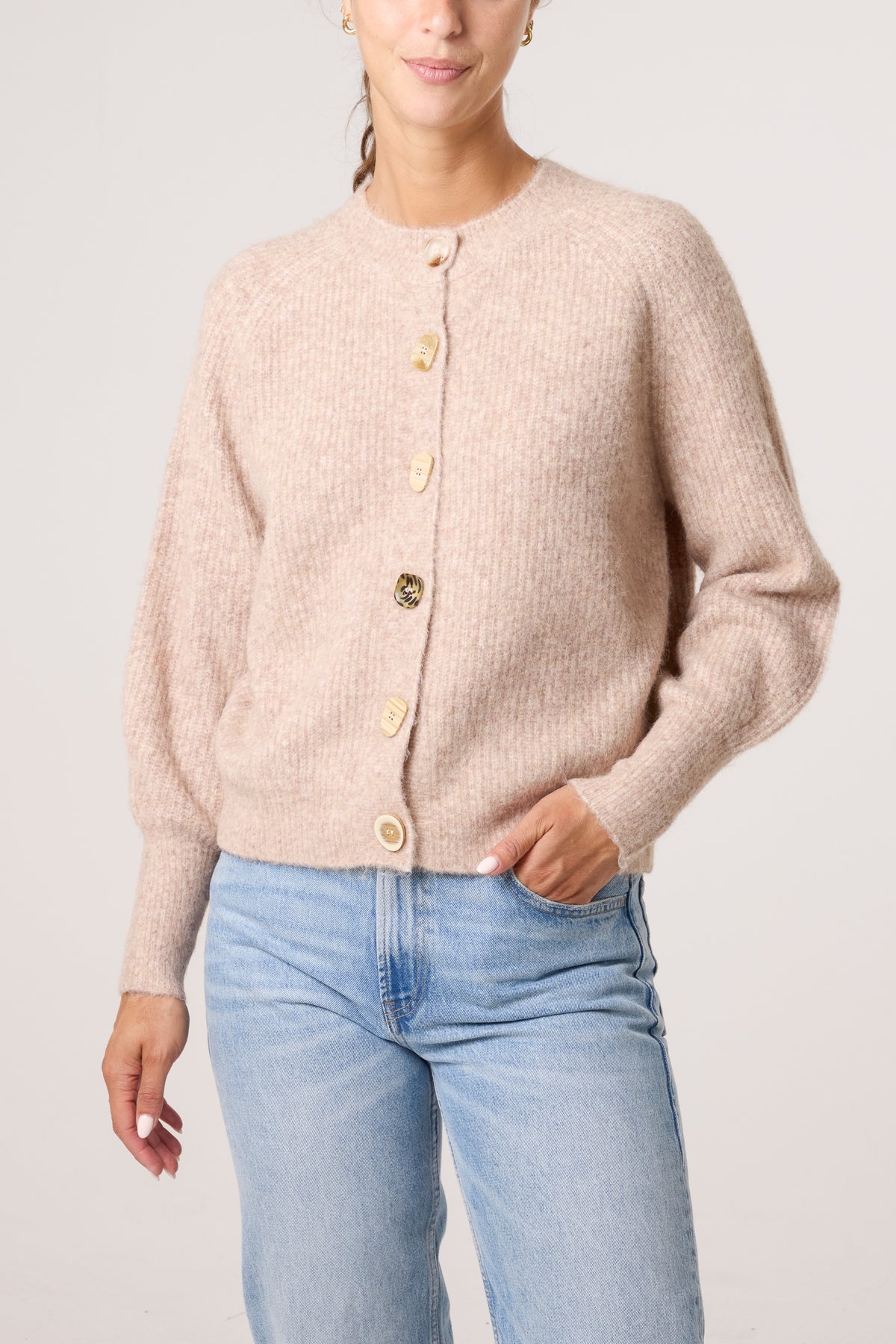 Print Buttons Round Neck Knit Cardigan