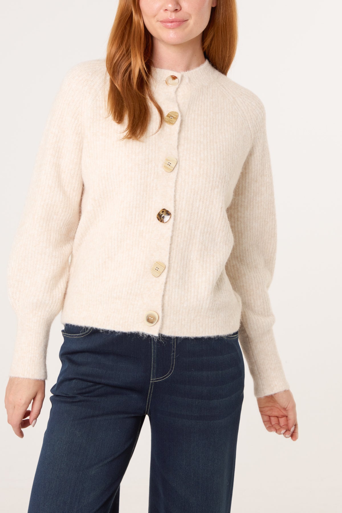 Print Buttons Round Neck Knit Cardigan