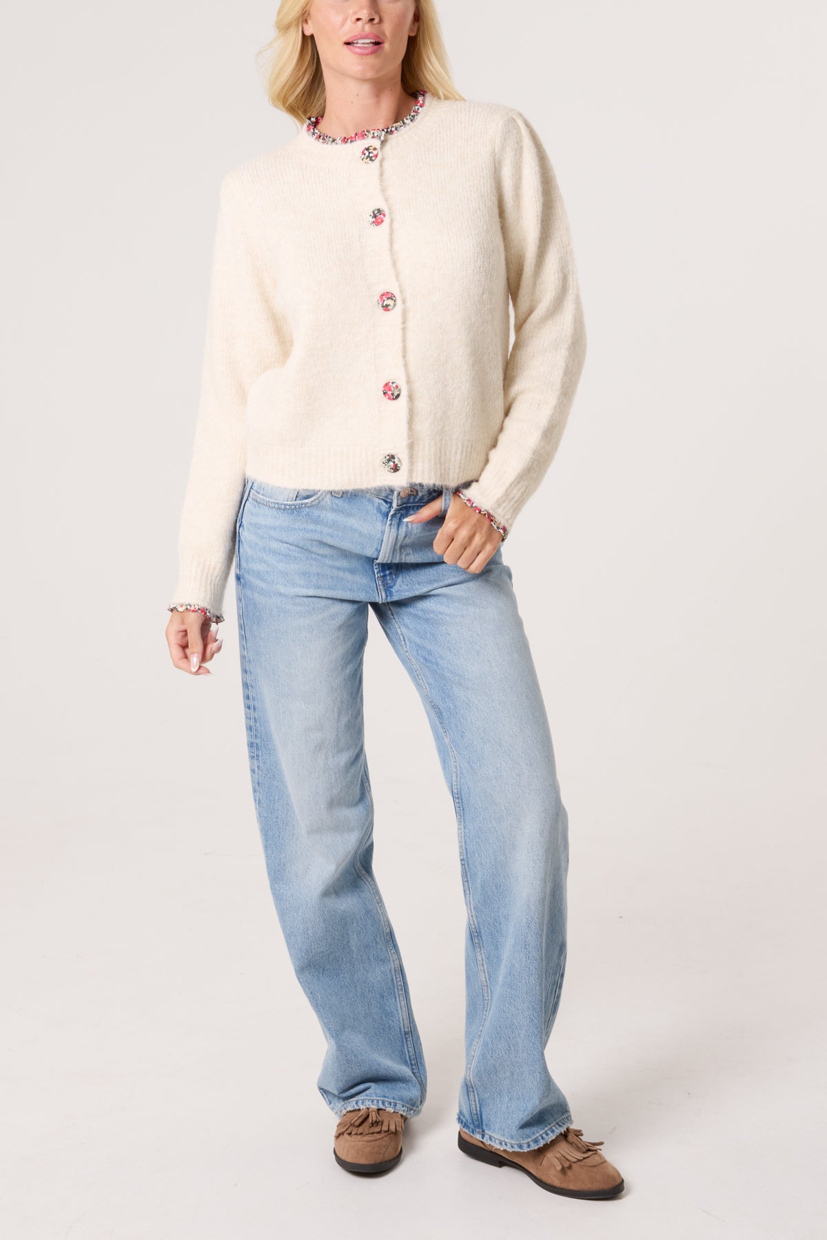 Floral Ruffle Trim Knit Cardigan