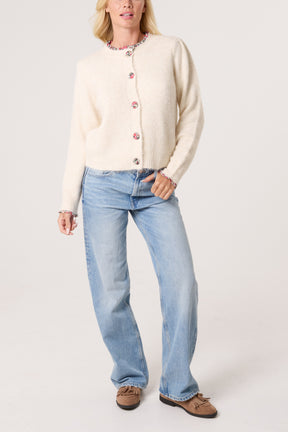Floral Ruffle Trim Knit Cardigan