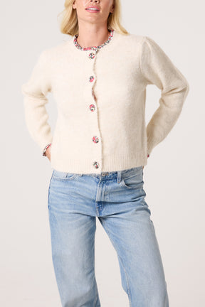 Floral Ruffle Trim Knit Cardigan