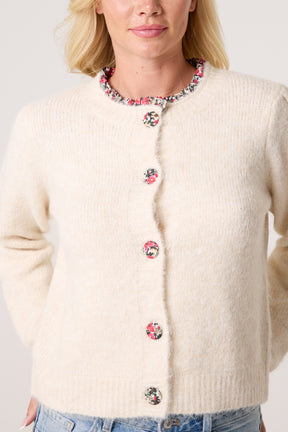 Floral Ruffle Trim Knit Cardigan