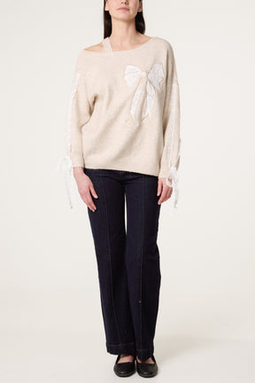 Embroidered & Lace Bow One Shoulder Jumper