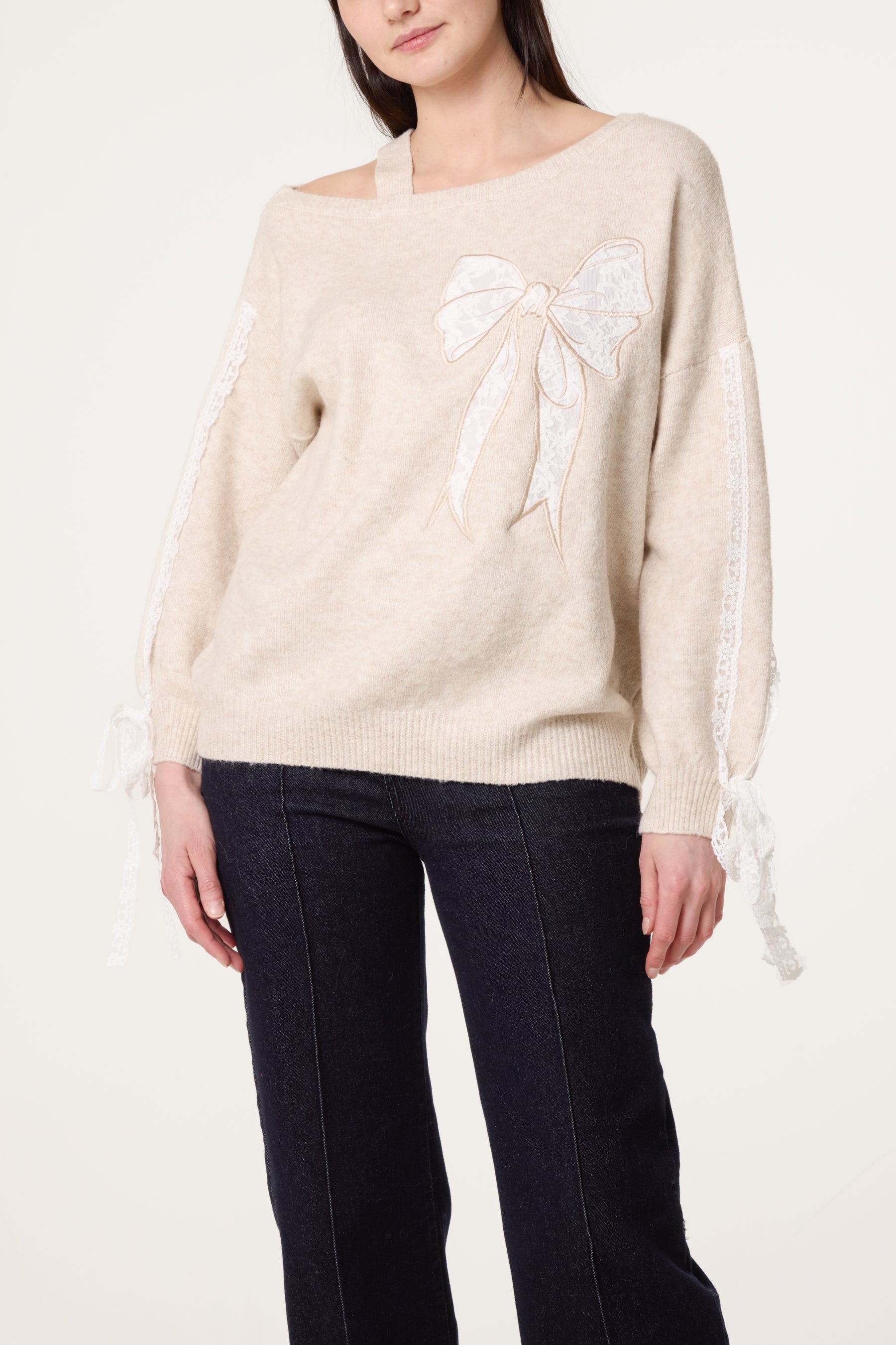 Embroidered & Lace Bow One Shoulder Jumper