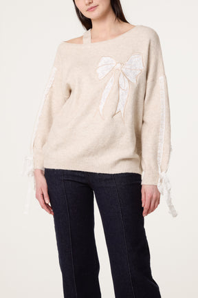Embroidered & Lace Bow One Shoulder Jumper