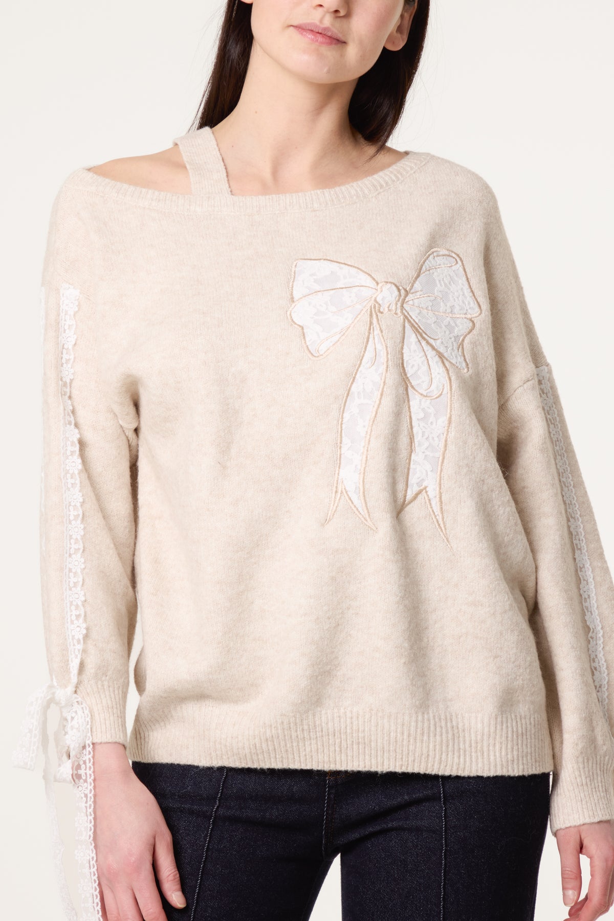 Embroidered & Lace Bow One Shoulder Jumper