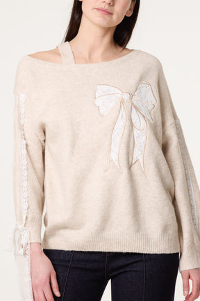 Embroidered & Lace Bow One Shoulder Jumper