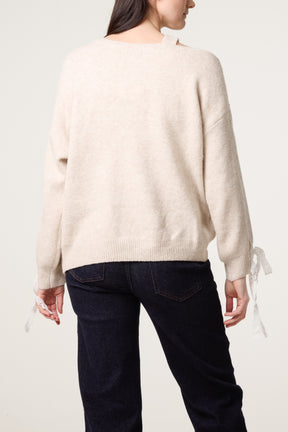 Embroidered & Lace Bow One Shoulder Jumper