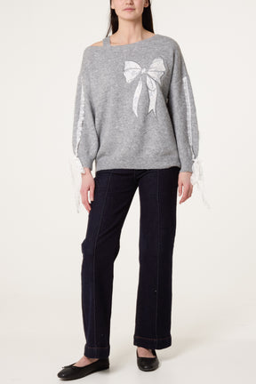 Embroidered & Lace Bow One Shoulder Jumper