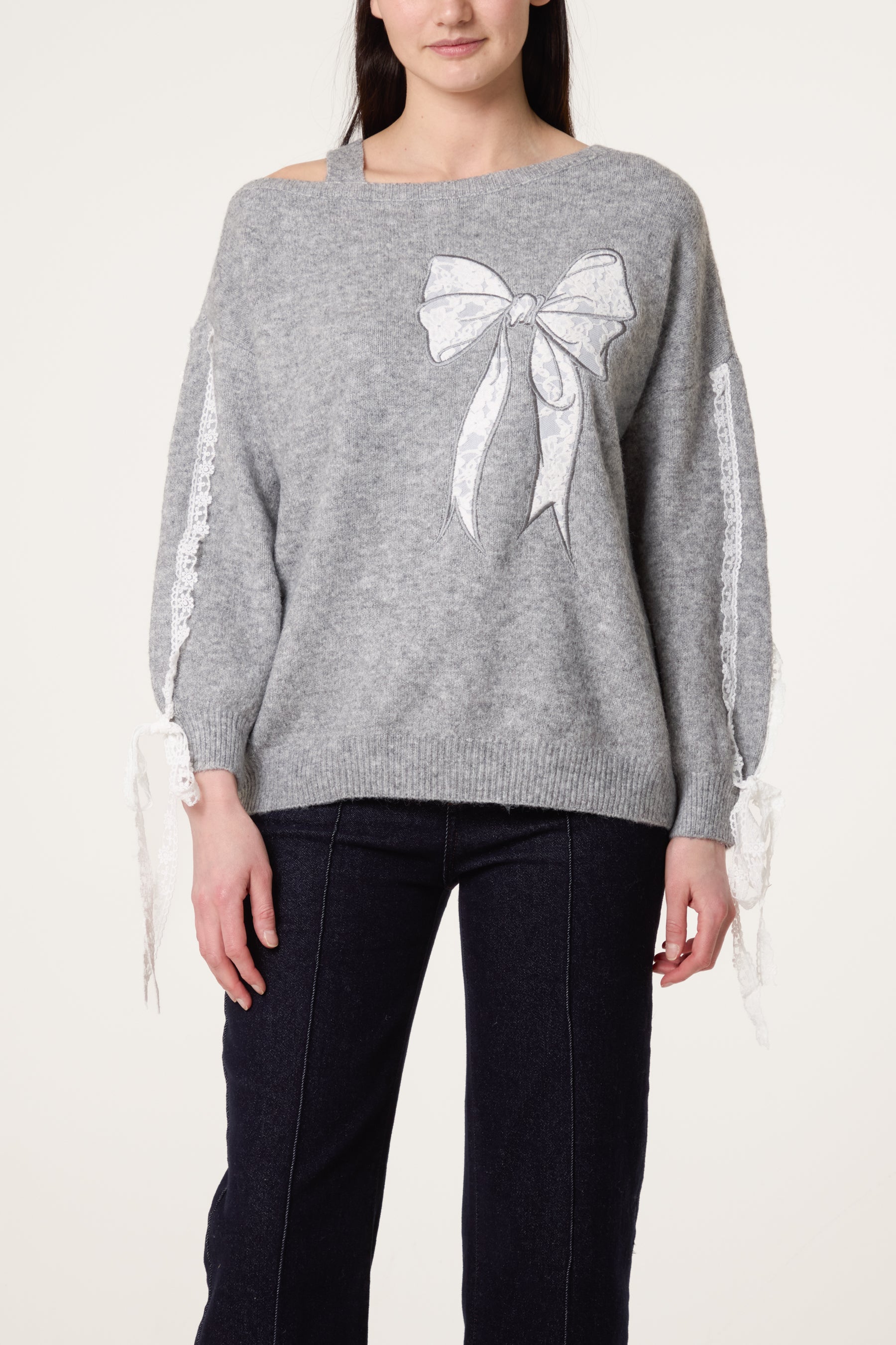 Embroidered & Lace Bow One Shoulder Jumper