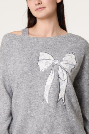 Embroidered & Lace Bow One Shoulder Jumper