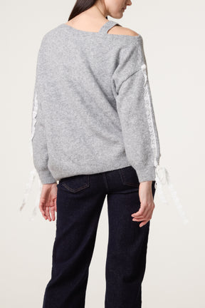Embroidered & Lace Bow One Shoulder Jumper
