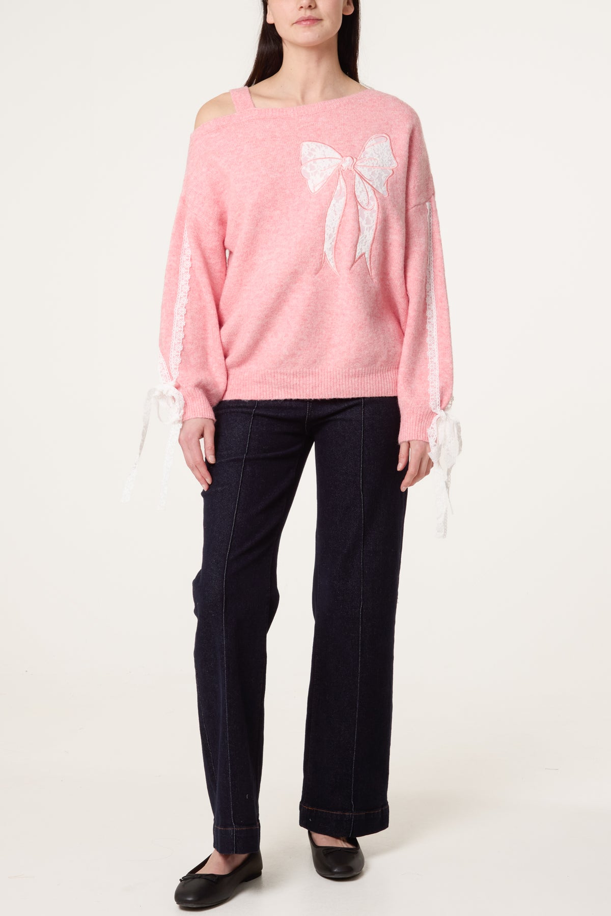 Embroidered & Lace Bow One Shoulder Jumper