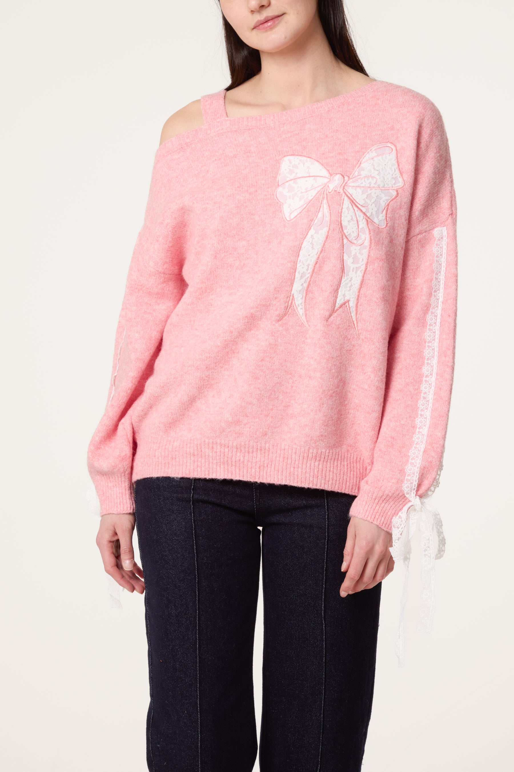 Embroidered & Lace Bow One Shoulder Jumper