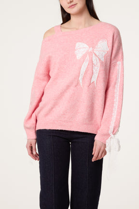 Embroidered & Lace Bow One Shoulder Jumper