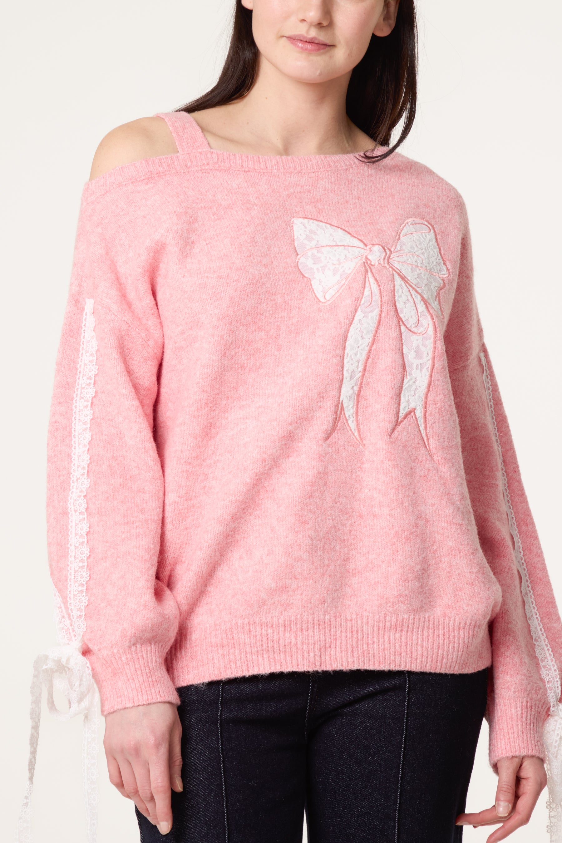 Embroidered & Lace Bow One Shoulder Jumper