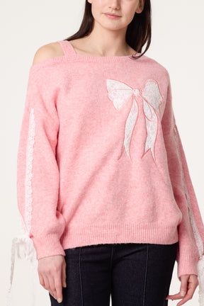 Embroidered & Lace Bow One Shoulder Jumper