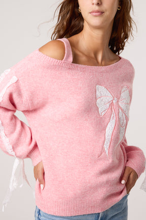 Embroidered & Lace Bow One Shoulder Jumper