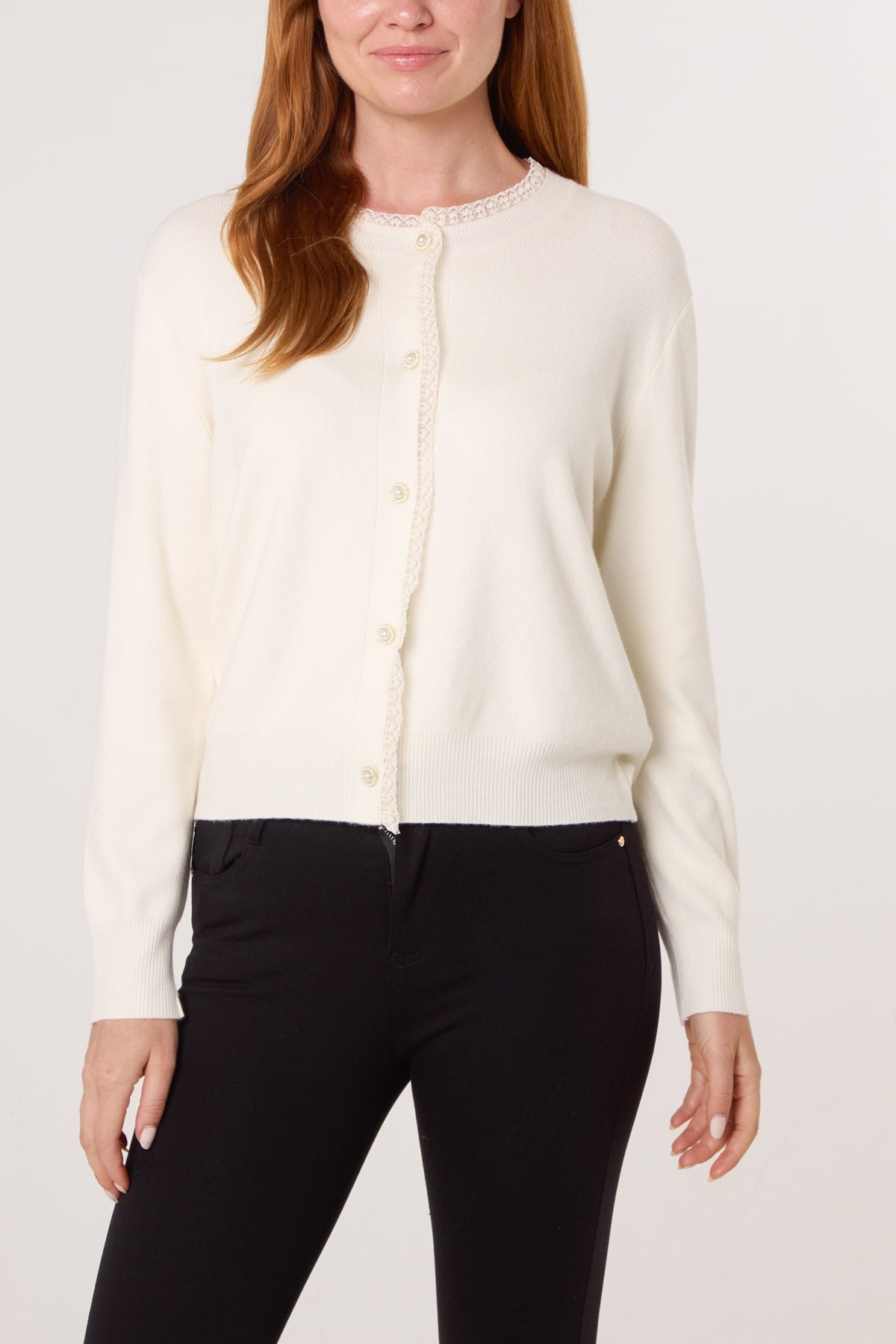 Lace Trim Jewelled Button Cardigan