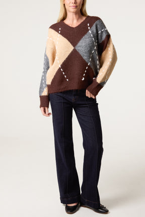 Stitched Argyle Pattern Jumper