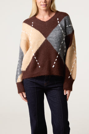 Stitched Argyle Pattern Jumper
