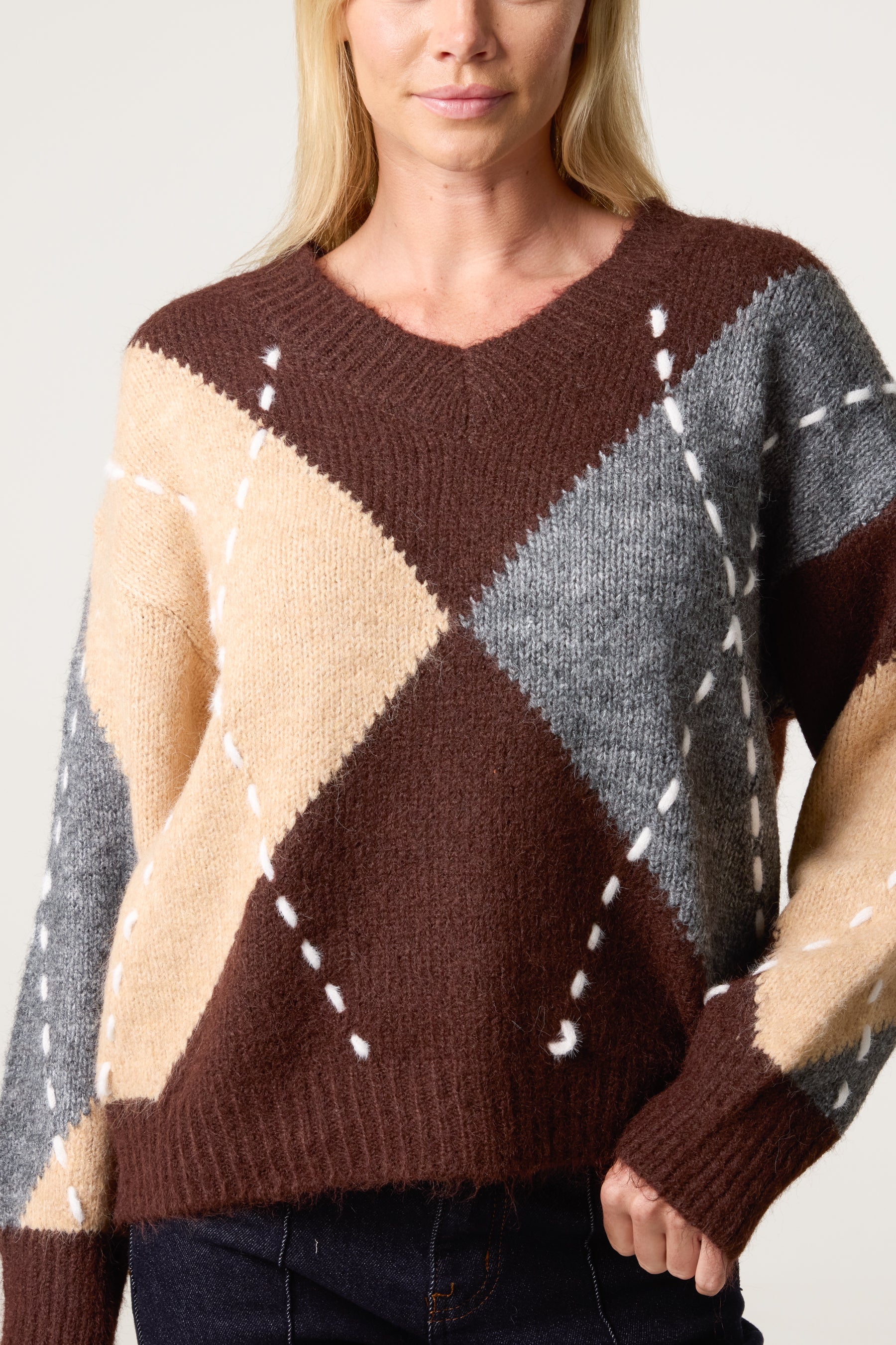 Stitched Argyle Pattern Jumper