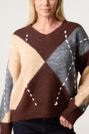 Stitched Argyle Pattern Jumper