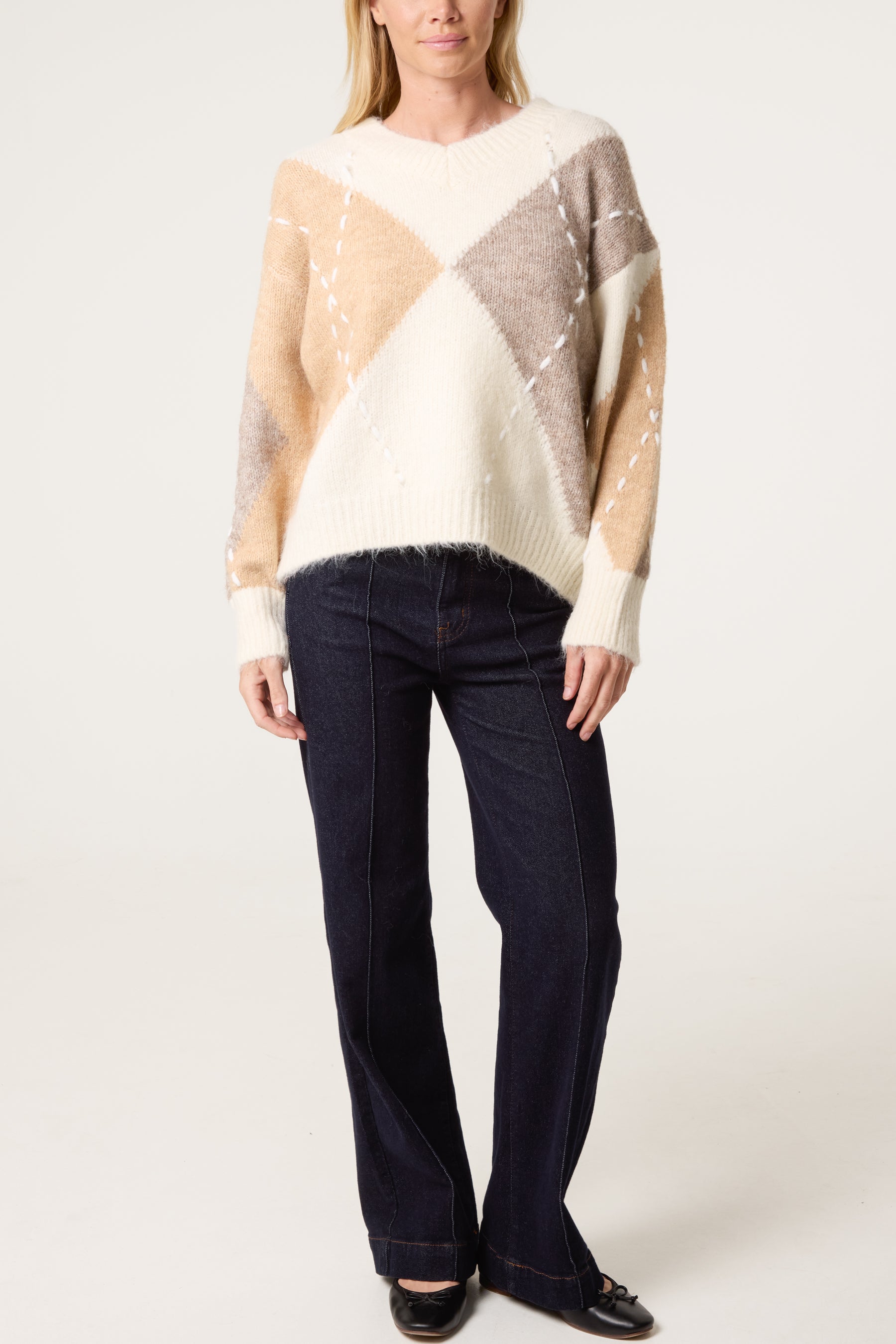 Stitched Argyle Pattern Jumper