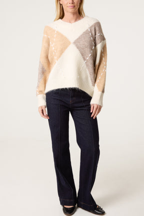 Stitched Argyle Pattern Jumper
