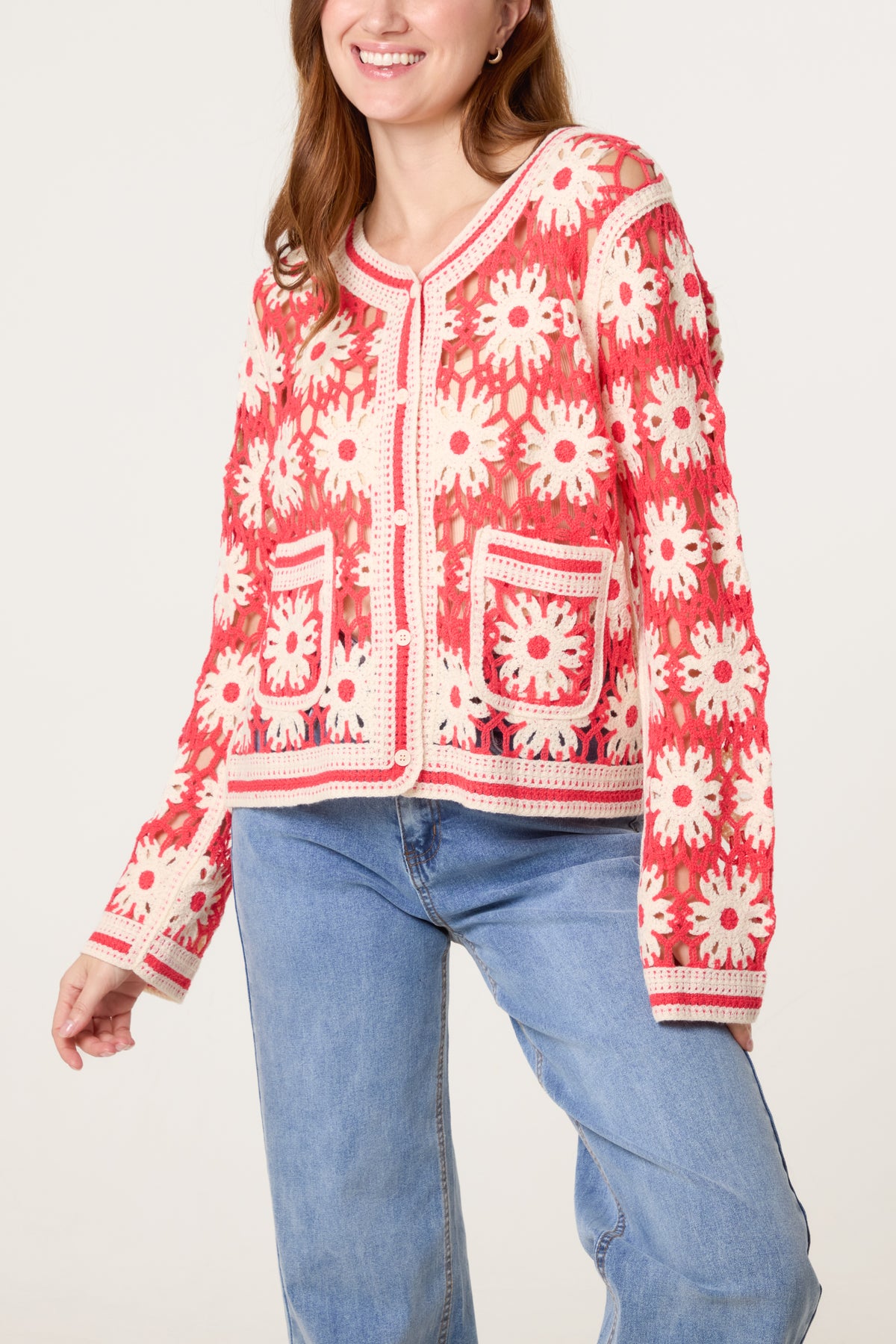 Floral Crochet Pocket Cardigan