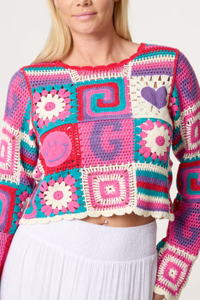 Retro Patchwork Crochet Cropped Top