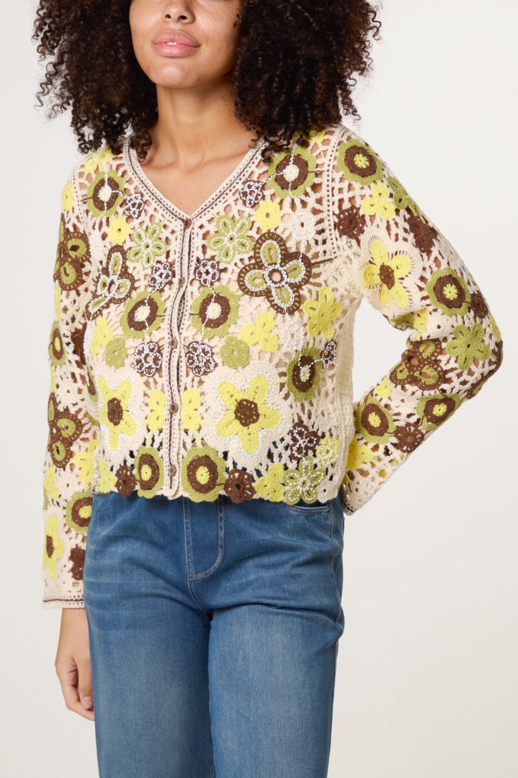 Floral Crochet V-Neck Cardigan