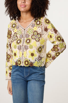 Floral Crochet V-Neck Cardigan