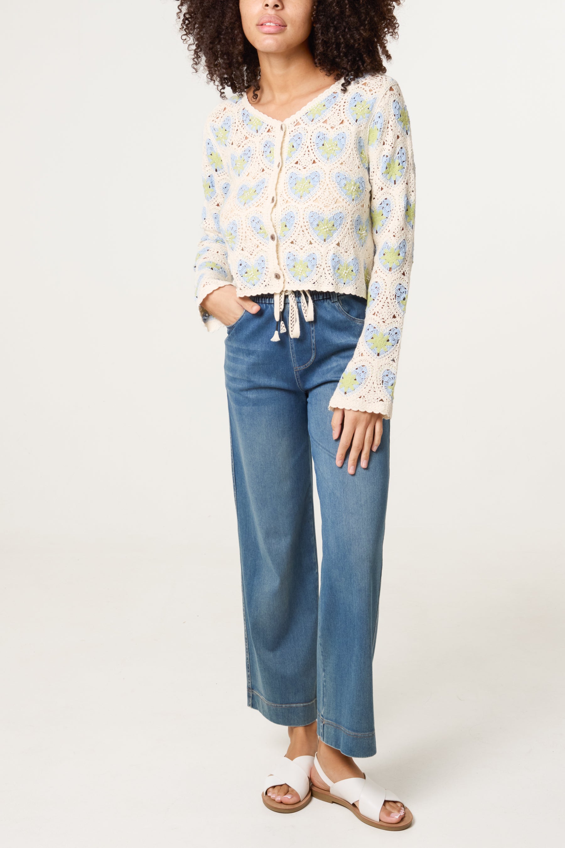 Beaded Heart Pattern Crochet Cardigan