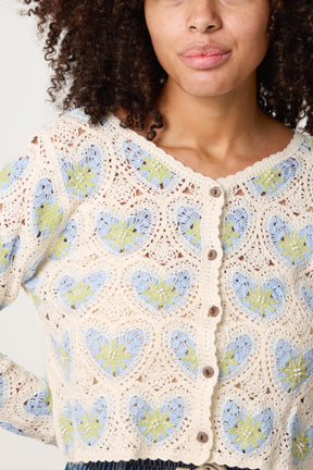 Beaded Heart Pattern Crochet Cardigan