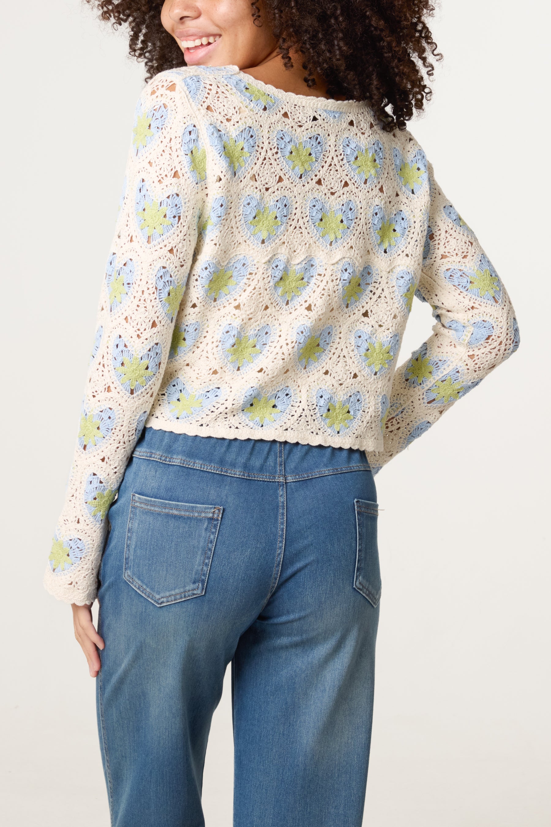 Beaded Heart Pattern Crochet Cardigan