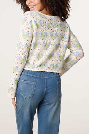 Beaded Heart Pattern Crochet Cardigan