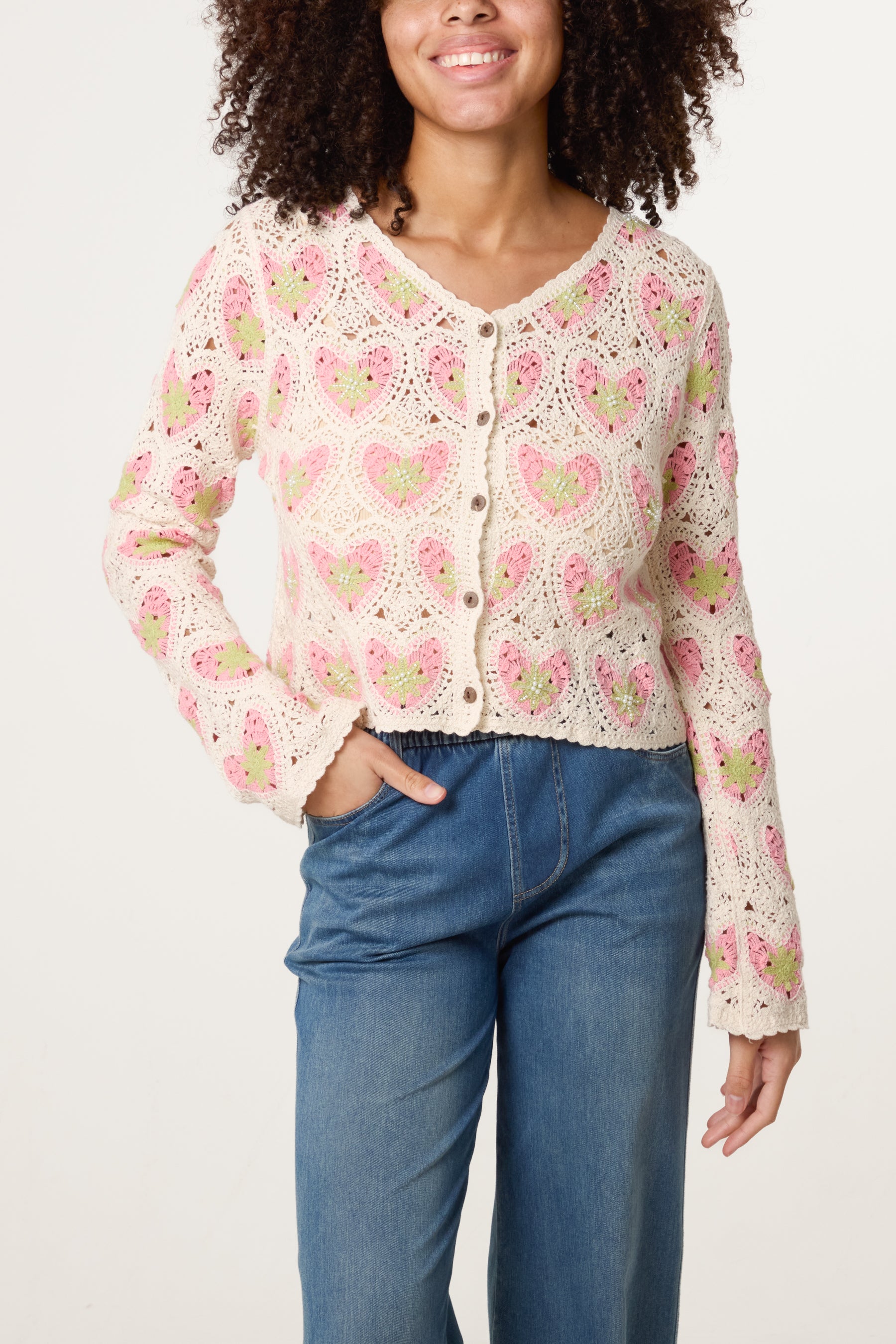 Beaded Heart Pattern Crochet Cardigan