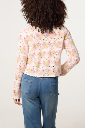 Beaded Heart Pattern Crochet Cardigan