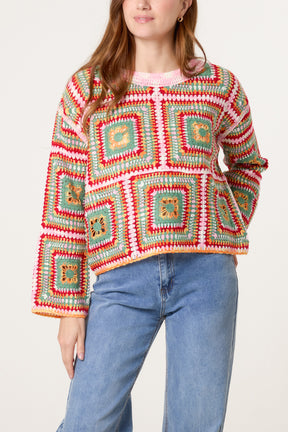 Patchwork Geo Rainbow Crochet Jumper