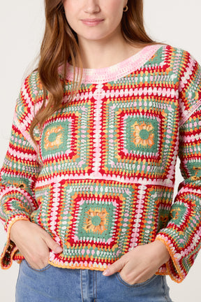 Patchwork Geo Rainbow Crochet Jumper