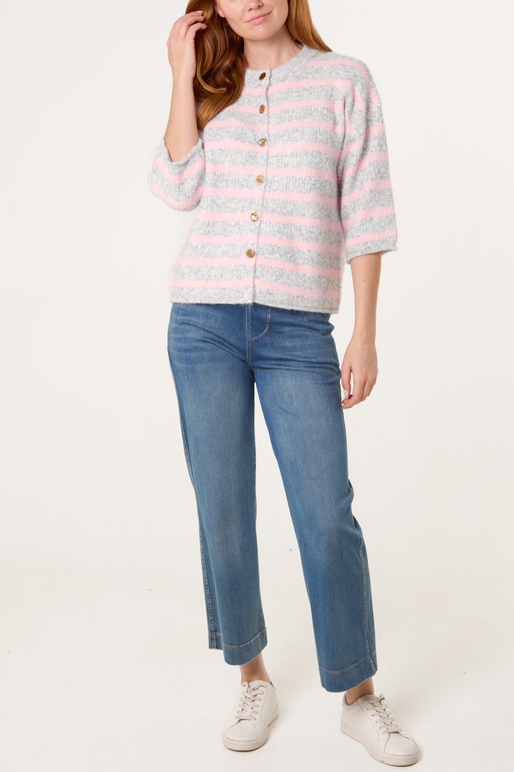 3/4 Sleeve Striped Knit Cardigan