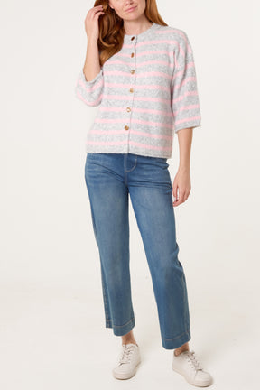 3/4 Sleeve Striped Knit Cardigan