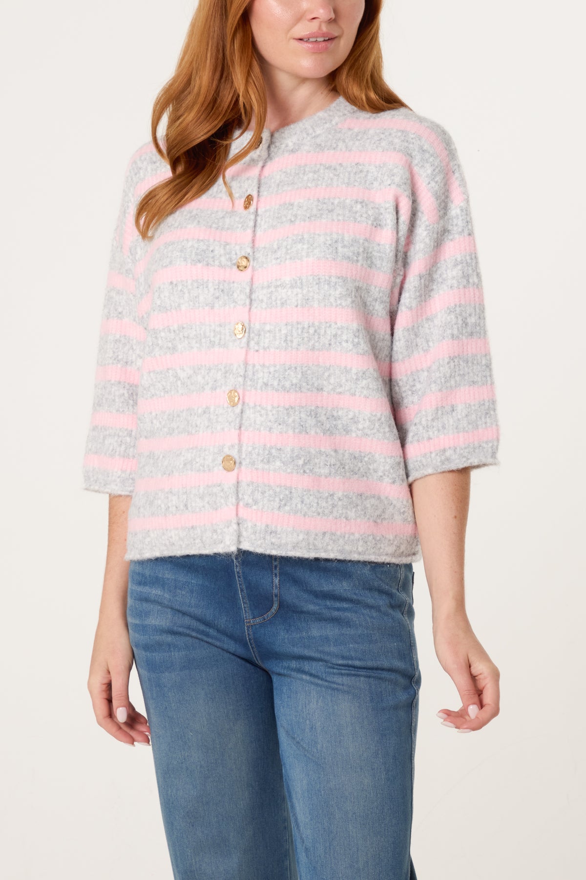 3/4 Sleeve Striped Knit Cardigan