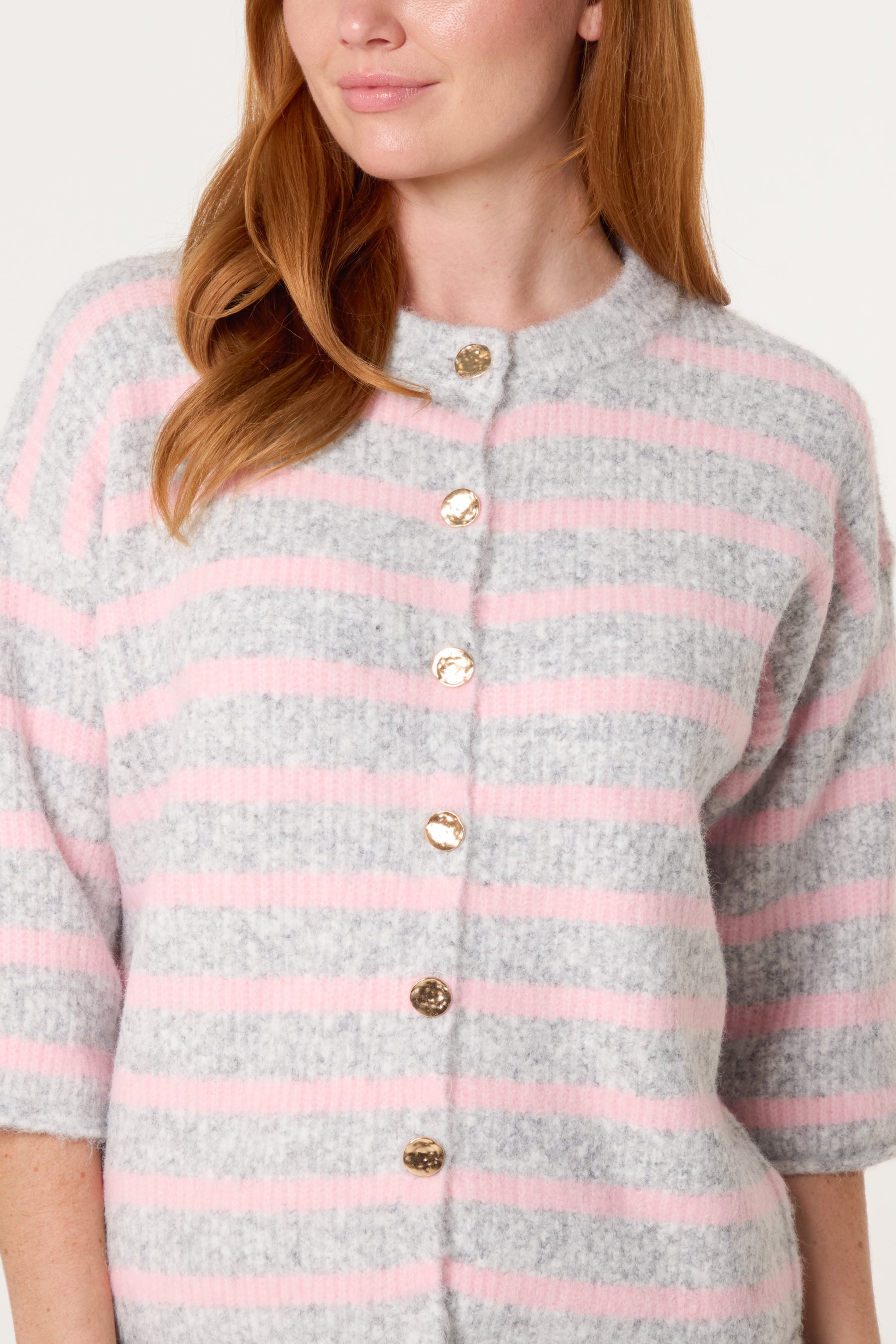 3/4 Sleeve Striped Knit Cardigan