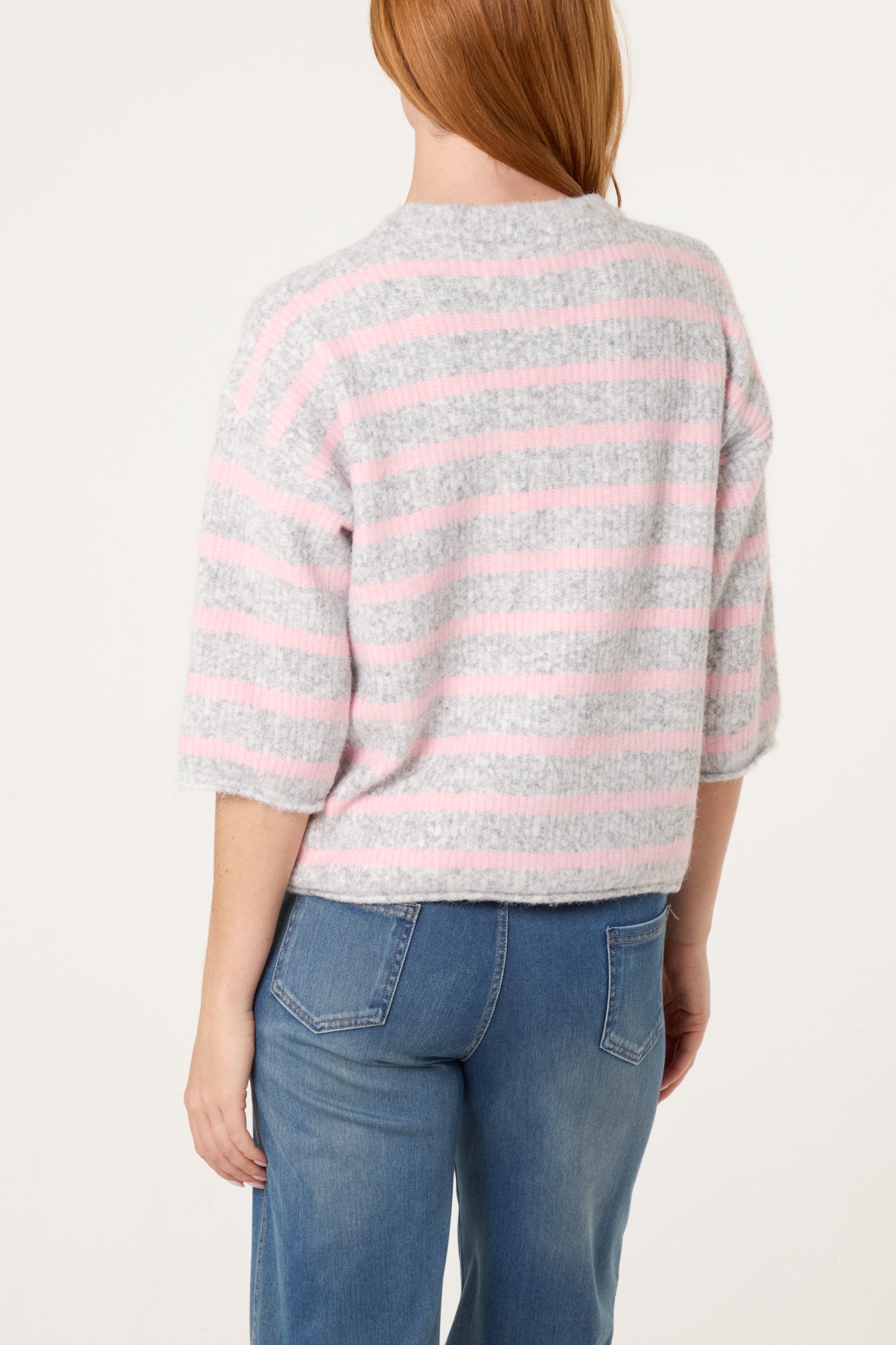 3/4 Sleeve Striped Knit Cardigan