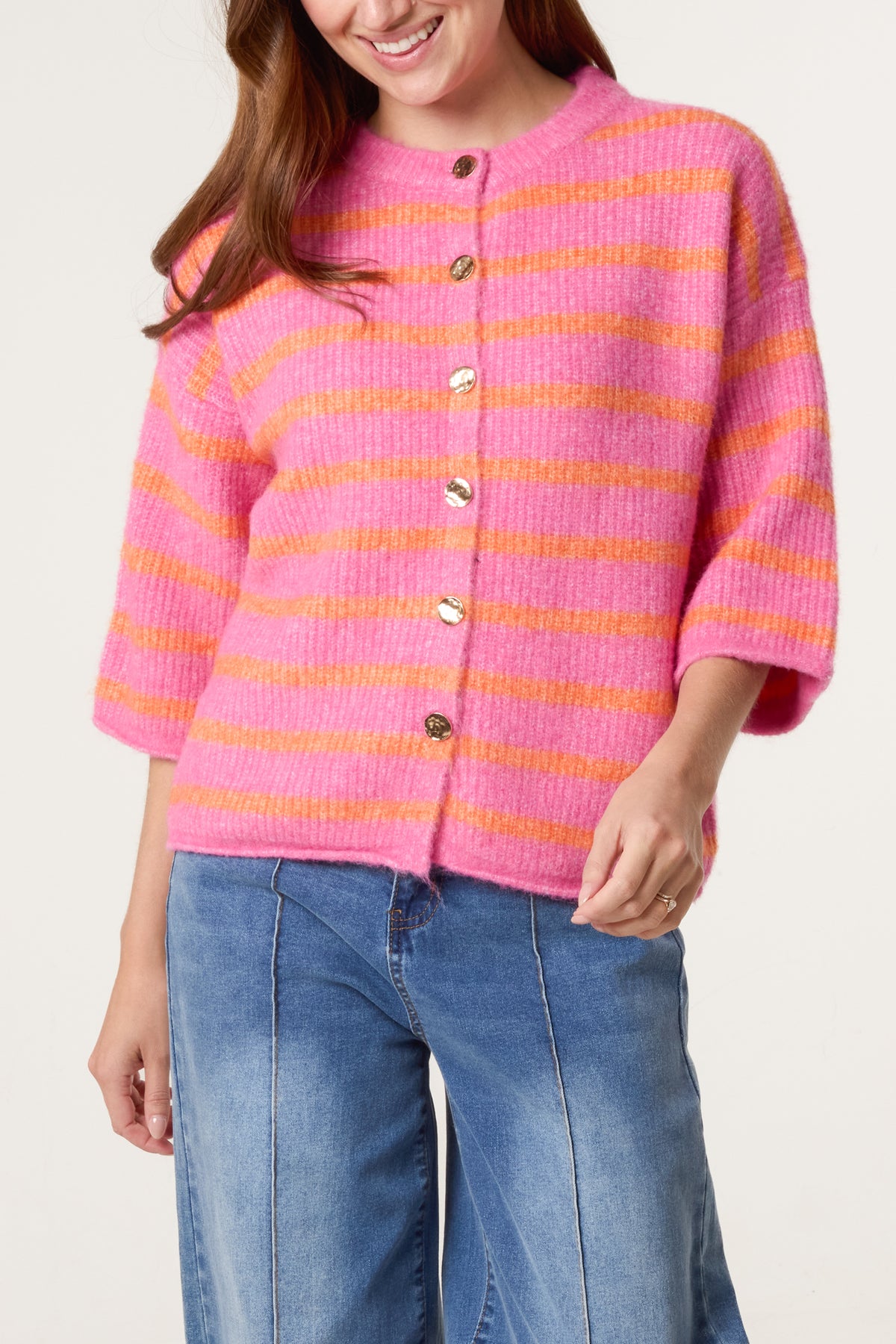 3/4 Sleeve Striped Knit Cardigan